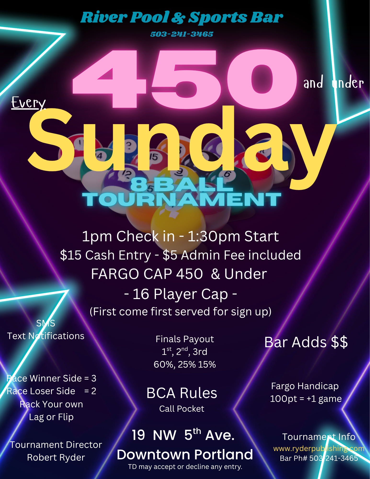 Sunday 8-Ball Tournament flyer — River Pool & Sports Bar