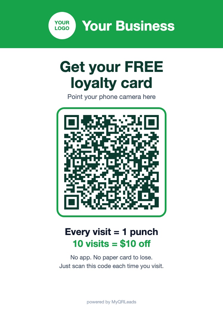 Get your FREE loyalty card counter sign, personalized with your business logo and QR code